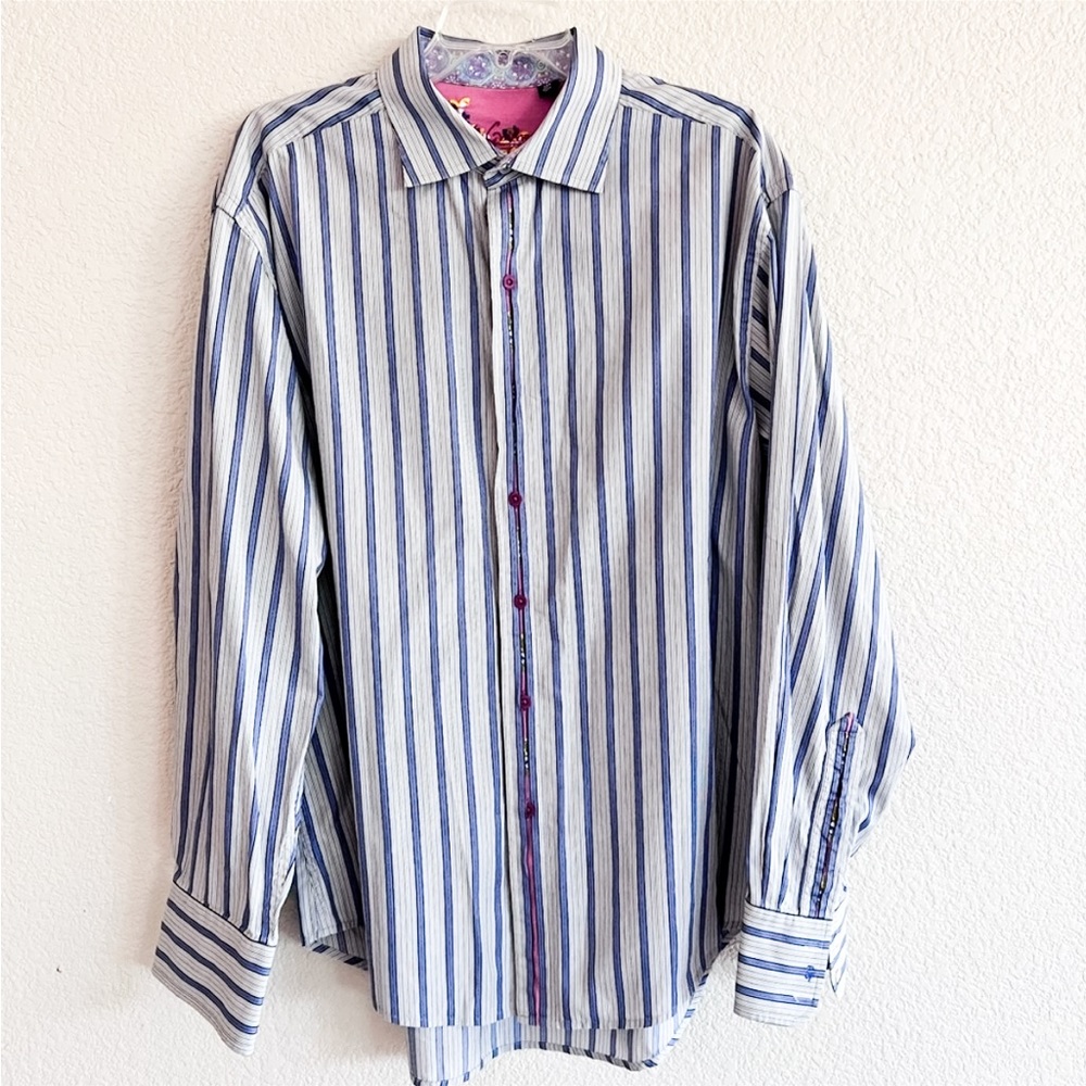 Robert Graham Stripe Silk Trim Button Down Contrast Print Shirt